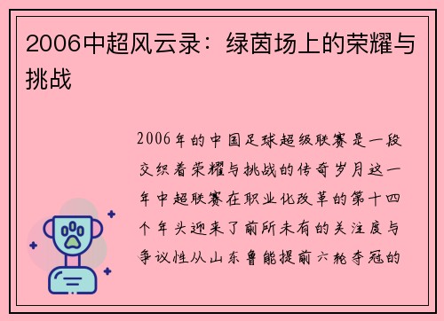 2006中超风云录：绿茵场上的荣耀与挑战