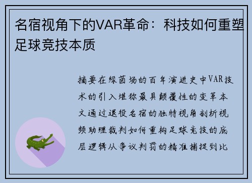 名宿视角下的VAR革命：科技如何重塑足球竞技本质